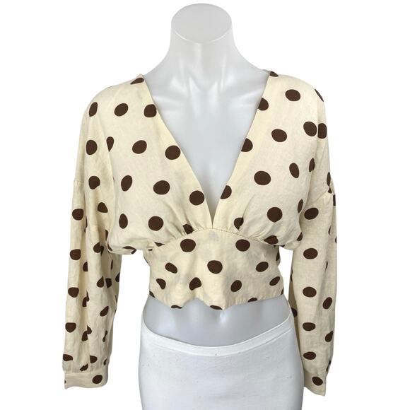 Zara Cream Brown Linen Long Sleeve Polka Dots V Neck Tie Blouse Crop Top Size M - Picture 1 of 4